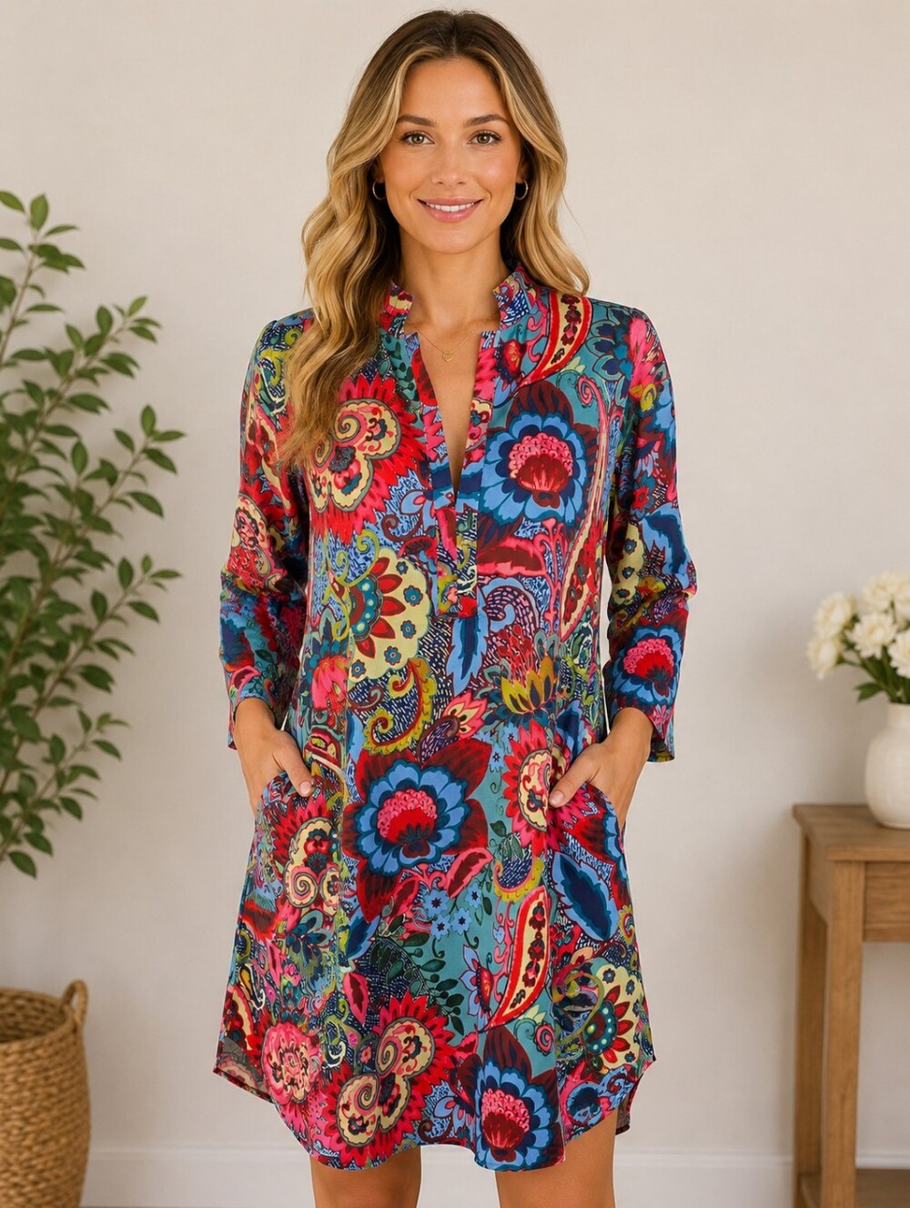 Natori Colorful Paisley Floral Tunic Shift Dress Pockets Small